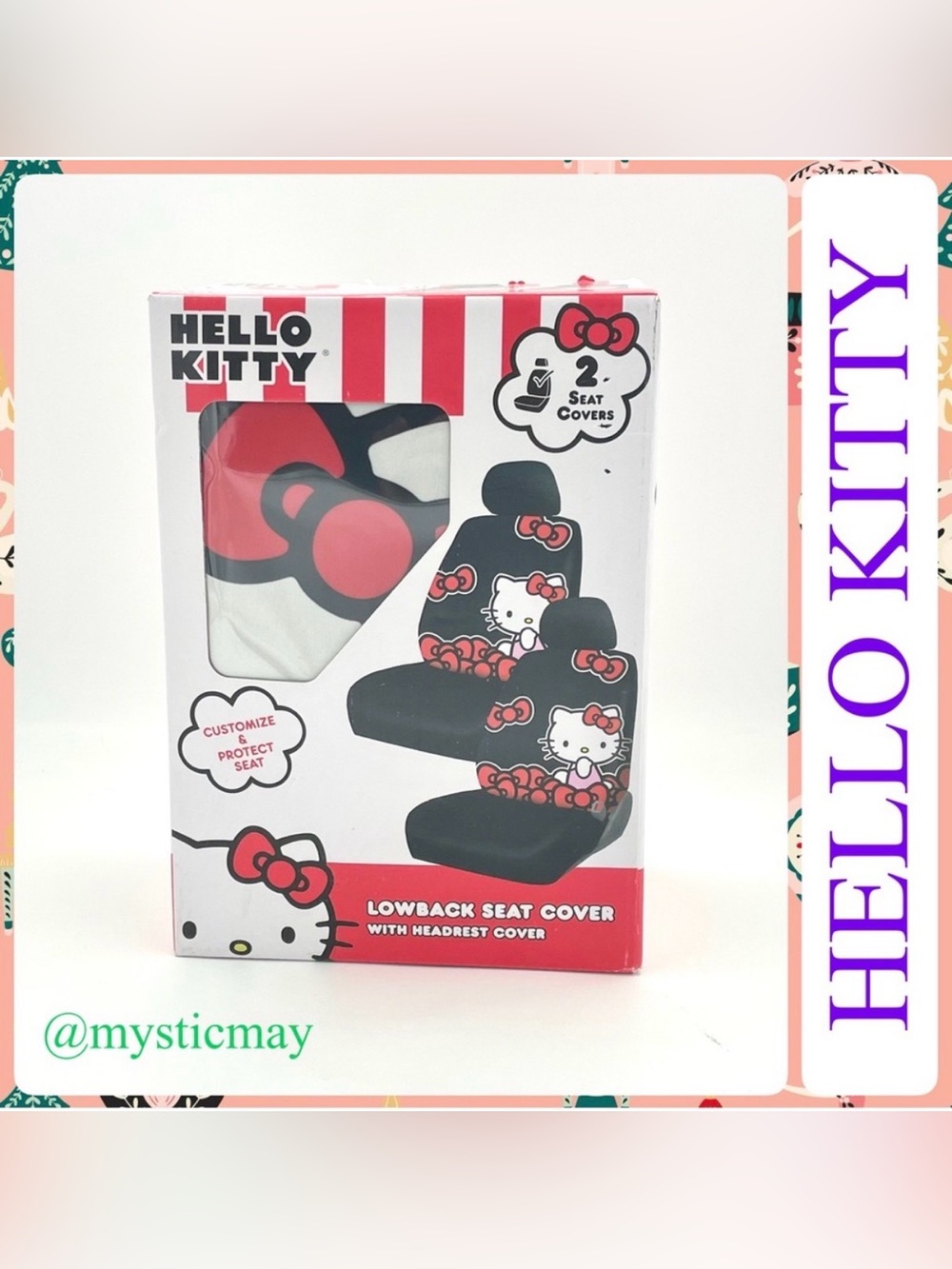 New HELLO KITTY w BOWS Set of 2 Lowback Car SEAT COVERS w Vehicle Headrest Cover